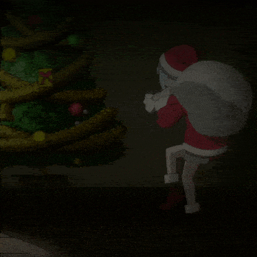 a girl dressed as santa claus is carrying a bag of presents