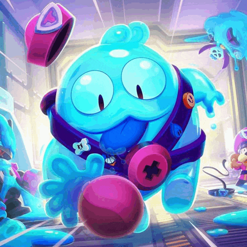 a blue cartoon character with a pink cross around his neck