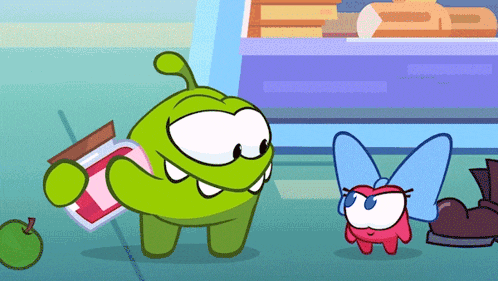 a green cartoon character holding a jar with the letter l on it