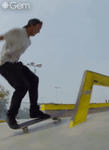 a skateboarder is doing a trick and the word gem is on the bottom right