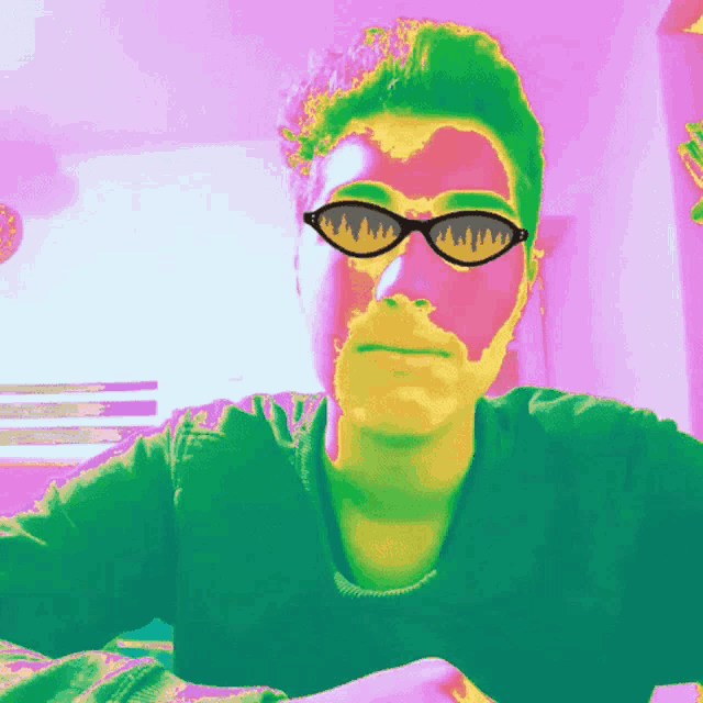 a colorful image of a man wearing sunglasses and a green sweater