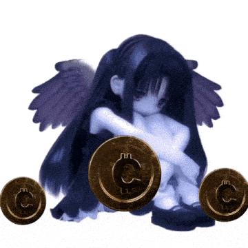 three gold coins with the letter c on them are sitting next to a girl with wings