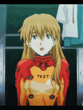 a girl in a red and orange suit with the word test on the chest