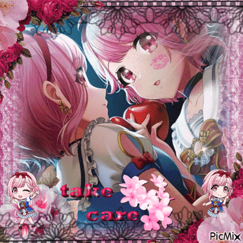 a picture of a girl holding an apple with the words take care