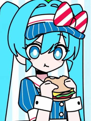 a girl with blue hair is holding a hamburger in her hands