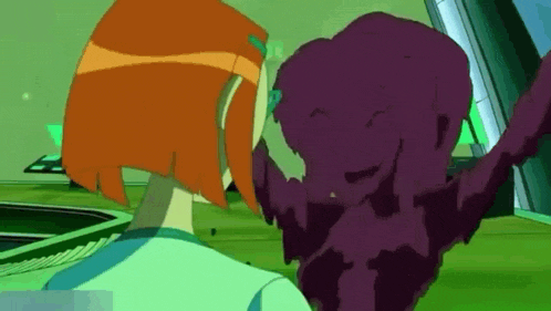 a cartoon character is standing next to a purple monster in a room .