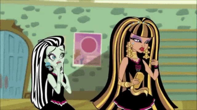 frankenstein and draculaura monster high characters are sitting next to each other in a room .