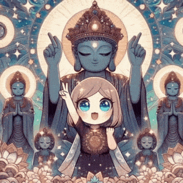 a girl is giving a peace sign in front of a statue of buddha