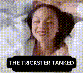 a picture of a woman with the words " the trickster tanked " above her