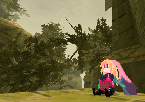 a computer generated image of a cartoon character sitting in a forest