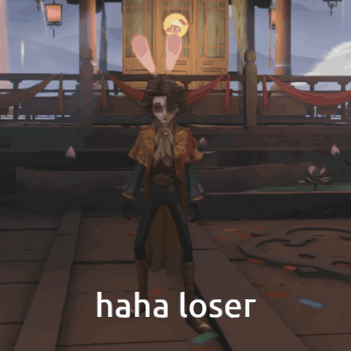 a video game character is standing in front of a building with the words haha loser on the bottom