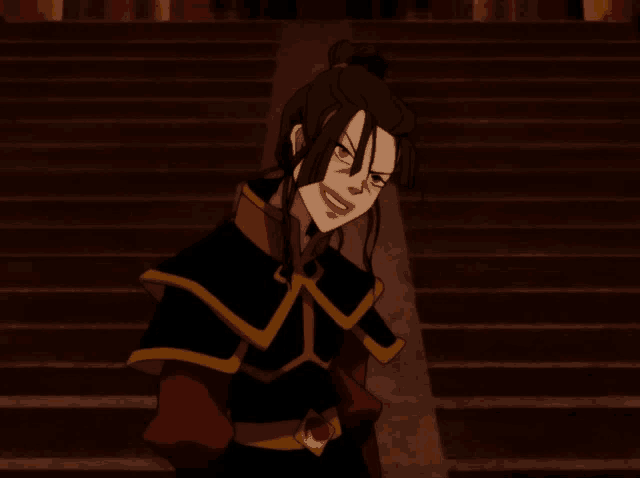 a cartoon character is standing on a set of stairs and looking at the camera
