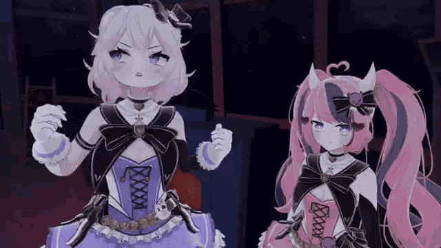 two anime girls are standing next to each other in a room .