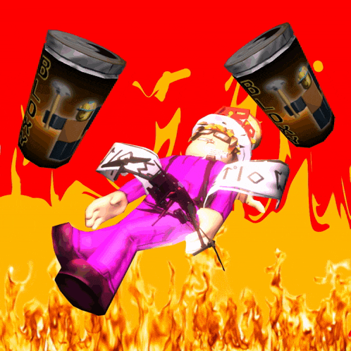 a cartoon character is laying on the ground surrounded by flames and a can of black ice