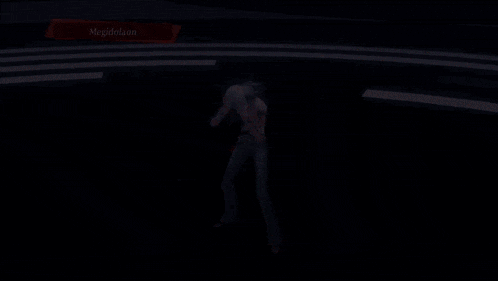 a video game character named megidolaon is standing in front of a large screen