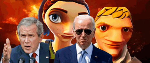 a man in a suit and tie stands next to a woman and a man with sunglasses