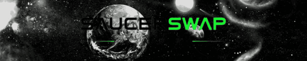 a black and white image of a planet with the words sauce swap in green