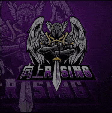 a knight with wings is holding a sword in front of the word rising on a purple background