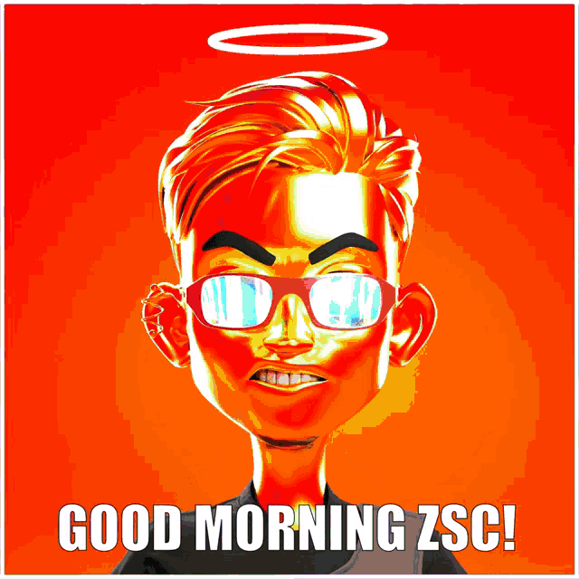 a cartoon character with a halo on his head and the words good morning zsc