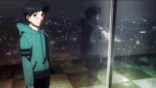 a man in a blue jacket stands in front of a window