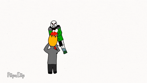a cartoon of a man holding a bone and a skeleton standing next to him .