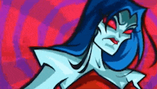 a cartoon character with blue hair and red eyes is standing in front of a red background .