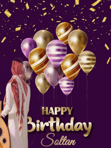 a man holding a bunch of balloons in front of a happy birthday sign