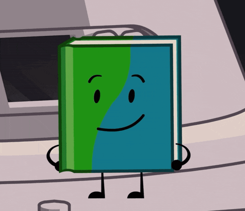 a green and blue book with arms and legs and a smiling face