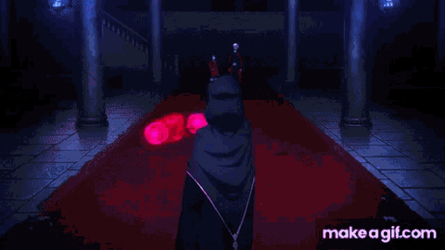a woman in a black cape is standing in a dark room with pink lights coming out of the walls ..