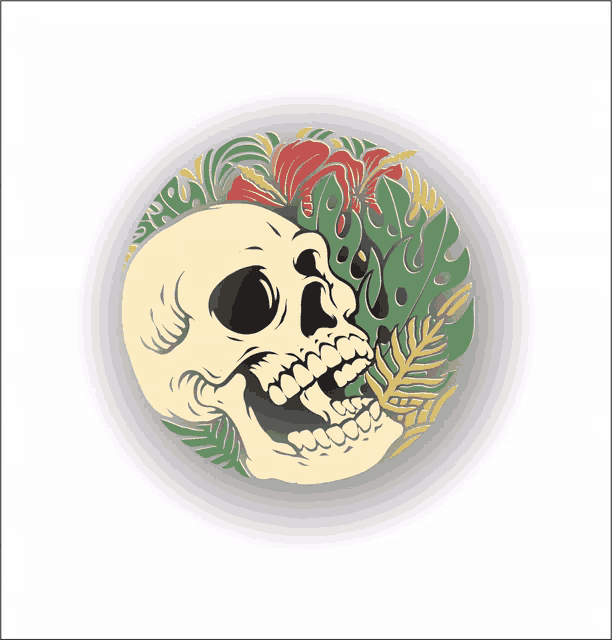 a drawing of a skull with a leaf in its mouth