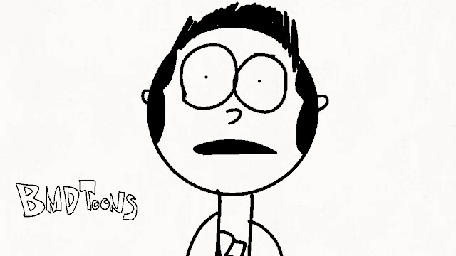 a black and white drawing of a cartoon character with the words bmdtoons on the bottom right