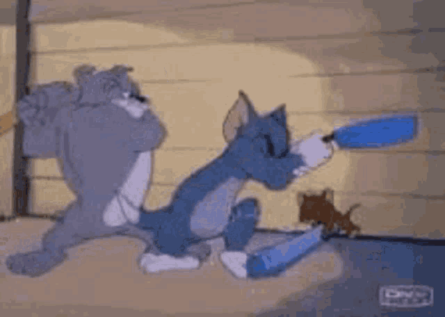 tom and jerry are playing with each other in a dog house .
