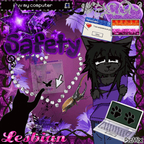 a purple background with a black cat and the words " safety "