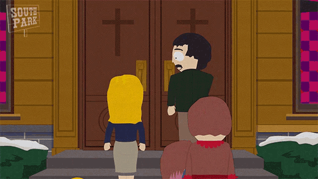 a cartoon of a man and woman standing in front of a church with a sign that says south park