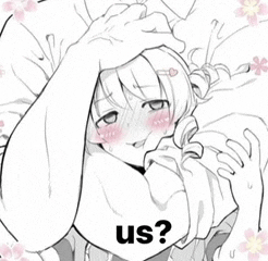a black and white drawing of a girl with a hand on her head and the words us ? on the bottom .