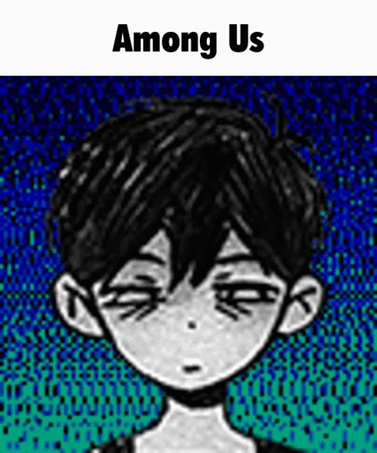 a drawing of a boy with the words among us above him