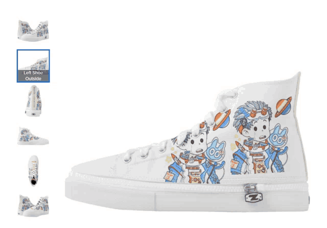 a pair of white high top sneakers with a drawing of a man and a cat on the side
