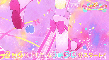 a cartoon girl with pink hair and a blue bow on her sleeve