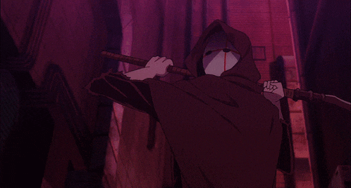 a man in a hooded cape is holding a scythe with a red light coming out of it