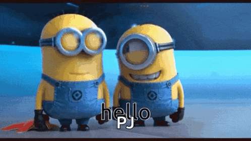 a couple of minions are standing next to each other and saying hello