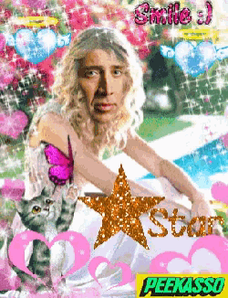a picture of nicolas cage with a cat and a star that says peekasso