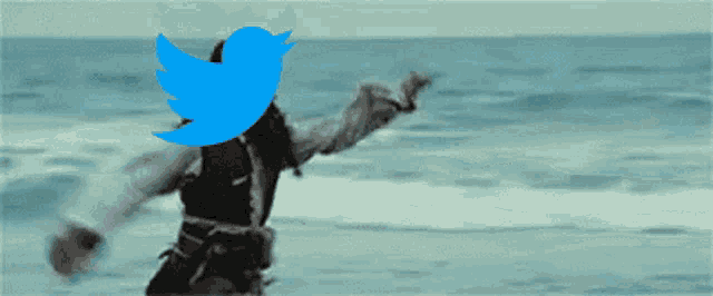 a person in a pirate costume with a twitter logo in front of their face