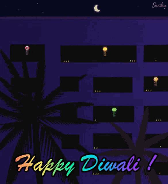 a happy diwali greeting card with a palm tree and colorful lights