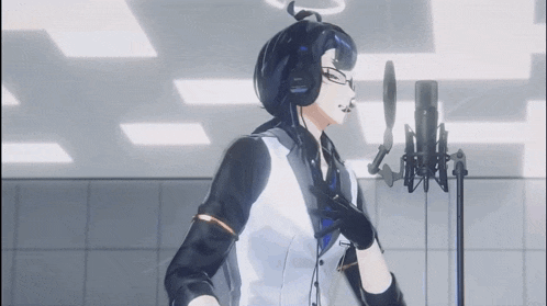 a 3d anime character is singing into a microphone .