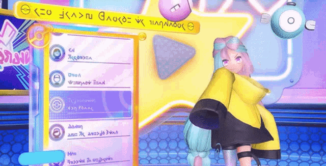 a girl with blue hair and pink eyes is standing in front of a sign that says ' e ' on it