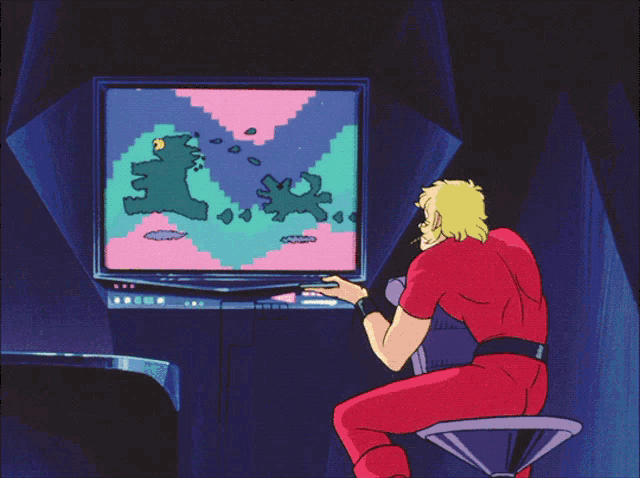 a cartoon character is playing a video game