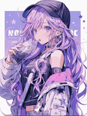 a girl with purple hair is drinking from a cup with a straw