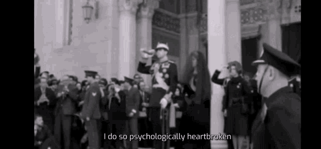 a man in a military uniform is standing in front of a crowd and says i do so psychologically heartbroken