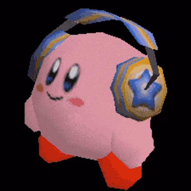 kirby wearing a pair of headphones with a star on them