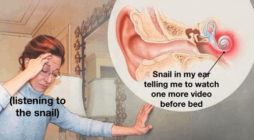 a woman has a headache and is listening to a snail in her ear